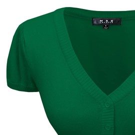 YEMAK Women's Cropped Bolero Cardigan – Short Sleeve V-Neck Basic Classic Casual Button Down Knit Soft Sweater Knitted Top HB2137-KGR-3X Kelly Green