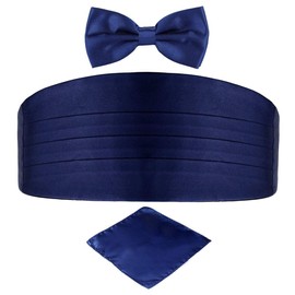 Biruil Men's Cummerbund Bow Tie Set Paisley Pretied Bowtie Hanky Pocket Square Set For Tuxedo Party Wedding (S Navy Blue)