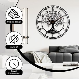 Dankeit Tree of Life Wall Clock, 24Inch Metal Black Family Tree Oversized Wall Clocks for Living Room Bedroom Home Decor, Modern Silent Mid-Century Battery Operated