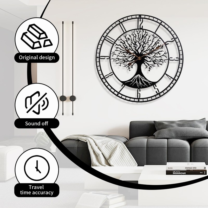 Dankeit Tree of Life Wall Clock, 24Inch Metal Black Family