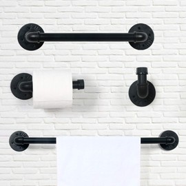 HouseAid 4-Pieces Industrial Pipe Towel Holder Set, Rustic Steel Towel Rack Kit, Farmhouse Vintage Style Towel Bar Accessories for Bathroom, Wall Mounted, Matte Black