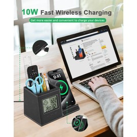 TopMade Pen Holder with Wireless Charger, Digital Thermometer & Humidity Gauge, Plastic, Unisex, 1 Count, 0.44 kg, Pencil-holders, Home Office Organizers