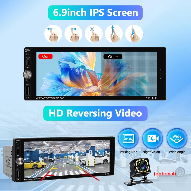 Motorsi Single Din Car Stereo with Wireless Apple Carplay, 6.9