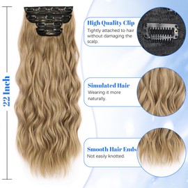 JIAMEISI Clip in Hair Extensions 4PCS Full Head Long Wavy Hair Extensions Synthetic Fiber 22 Inch 200g Clip in Thick Hairpieces for Women/Girls (#22 Dark Golden Mixed Beige Blonde)