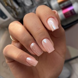 Aurora Pink Chrome Press on Nails Short Square,SXVME Glazed Nail Fake Nails Medium Plating Mirror Metal Acrylic Nails,False Nails Metallic Nails Press ons Medium Length,Shiny Nail Glue on in 24PCS