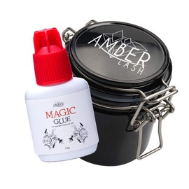Mild Sensitive Eyelash Extension Magic Glue for Professional Lash Extensions, 1-2 Sec Dry Time & Up to 6 Weeks Retention, Black Adhesive by Amber Lash (10ml + Tank)