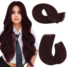 Moresoo Weft Hair Extensions Human Hair Red Sew in Hair Extensions Red Wine Remy Hair Extensions Weft Burgundy Double Weft 20Inch 100G