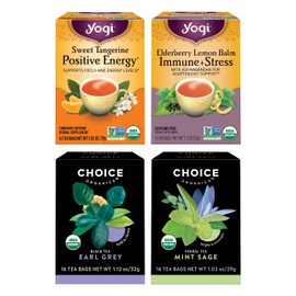 Yogi Tea & Choice Organics Variety Sampler - 16 Bags per Pack (4 Packs) - Tea Sampler Gift Box - Includes Yogi Sweet Tangerine Positive Energy, Choice Organics Earl Grey & More