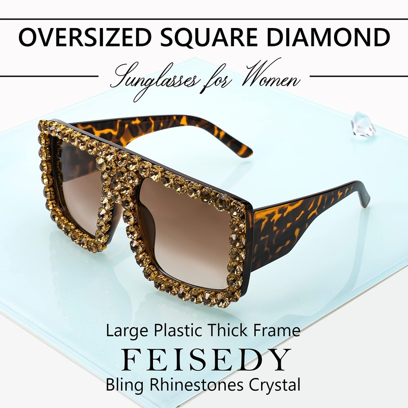 FEISEDY Oversized Square Sunglasses for Women with Sparkling Rhinestone Thick