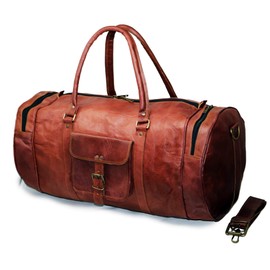 Jaald 18" Large Genuine Leather Travel Luggage Suitcase Bag for Men and Women Fitness Weekend Cabin Carry-on Vintage Waterproof Gift Leather Duffle Gym Bag, Brown, S