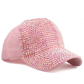 Gudessly Women Studded Rhinestone Crystals Adjustable Baseball Cap Plain Sparkle Bling Denim Sun Hat (Pink Cap)