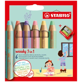 Multi-Talented Pencil - STABILO woody 3 in 1 - Pack of 6 - Assorted Pastel Colours with Sharpener