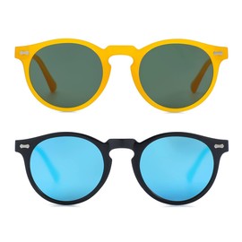 Gleyemor Vintage Polarized Sunglasses for Men Retro Round Sunglasses (Yellow Frame/Green Lens + Black Frame/Blue Mirror Lens)