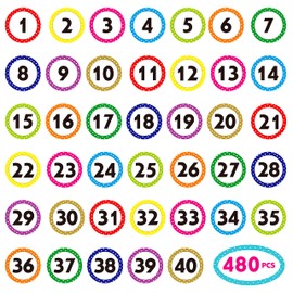480 PCS Number Stickers, 12 Sheets Polka Dot Consecutive Number 1-40 Labels Self-Adhesive Water/Tear Resistant Number Stickers Without Residue for Office, Classroom, Indoor, Boxes, Storage (1” Each)