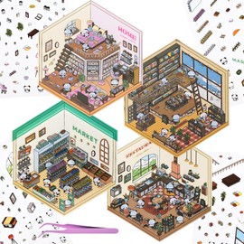 4 Sets DIY 3D Fun Mini Panda House Sticker Scenes with Tweezers Make Your Own Bookstore Kitchen Supermarket Scene Stickers Cute Micro Room Craft Stickers for Relief Stress Pass The Time