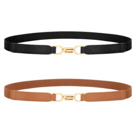 XZQTIVE Thin Elastic Belts for Women Black Skinny Stretch Waist Belts for Women Dresses Leather Adjustable Belt Set of 2(80CM, Black+Brown)