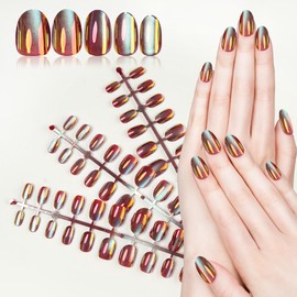 72Pcs Cat Eye Nail Tips Chrome Effect Short Fake Nails Red Holographic Laser Acrylic Gel Press on Nails VIVID STELLA