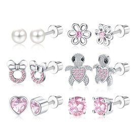CASSIECA 20G Hypoallergenic Screwback Earrings for Teens Women Stainless Steel CZ Heart Flower Turtle Stud Earrings Jewelry Gift