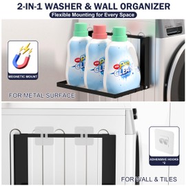 Qecamy Magnetic Laundry Organizer Folding - Heavy Duty Magnetic Shelf for Fridge, Washer & Dryer Side - Wall Mounted Clothes & Towels Drying Rack - Rustproof Kitchen Space Saver - Holds 20 lbs (Black)