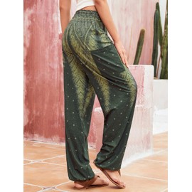 QIANXIZHAN Women's Harem Pants, Hippie Palazzo Pants Boho Joggers Yoga Clothes with Pockets Green Flower XL