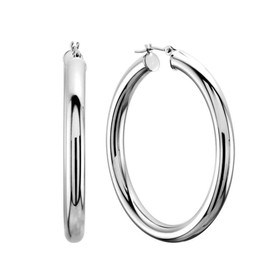 10k White Gold 3mm Shiny Round Tube Hoop Earrings, Diameter 15mm