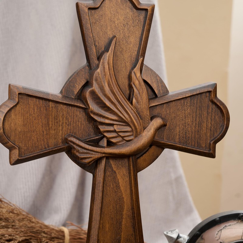 BGCarvedGrace Hand Carved Wooden Wall Cross with Holy Spirit Dove