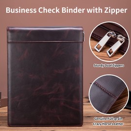 Geslun 7 Ring Check Binder, Genuine Leather Business Checkbook Cover Holder, 3-On-A-Page for 600 Checks (9 x 13”), Desk Commercial Cheque Zippered Folder, Dark Brown, Oil Tanned