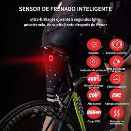 Luz Trasera para Bicicleta,Luz LED Inteligente con Detección de Frenos, 4 Modos de Iluminación Ajustable, IPX6 Impermeable, Recargable USB - Ideal para Ciclismo Nocturno, Urbano y Montaña
