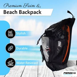 FEROK PRO Big Mesh backpack, beach bag, Swim and beach Bags for Women Men, Pool bag with Drawstrings, Gym Backpack, 40 L (Black)