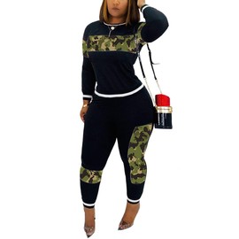Alunzoem Womens 2 Piece Jogger Outfits, Camouflage Long Sleeve Pullover Tops Skinny Pants Tracksuit Set Green M