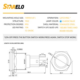 STARELO 10A Latching Push Button Switch, Interior Lights, 12V 24VDC Pre-Wired 19MM 0.74, SPST Stainless Steel,Switch with Pre-Wired for Cars,Trucks,RVs,3 Year Warranty (Interior Lights)