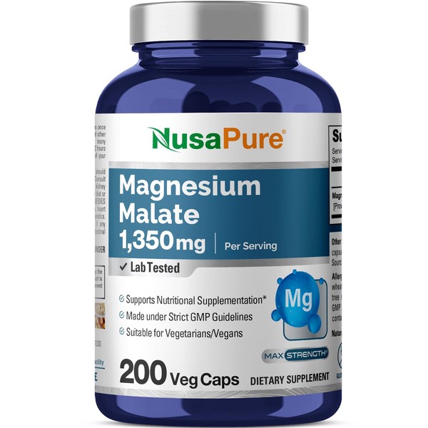NusaPure Magnesium Malate 1350mg 200 Veggie Capsules (Vegan, Non-GMO, Gluten-Free)