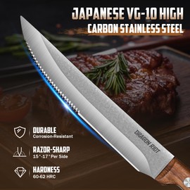 DRAGON RIOT Steak Knives Set of 8, Ultra Sharp Steak Knife Set Japanese VG-10 Stainless Steel Serrated Steak Knives Full Tang Wood Handle with Gift Box