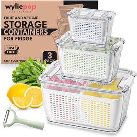 Premium Fruit Storage Containers for Fridge with Veggie Peeler – 3-in-1 Produce Containers for Fridge with Strainer & Removable Colander – Large, Clear Fruit and Vegetable Storage Organizer (Set of 3)
