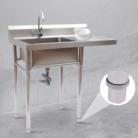 Free Standing Single Bowl Sink, 1 Compartment Commercial Utility & Prep Sink Kitchen Workbench Outdoor Sink Station Camping Sink with Faucet