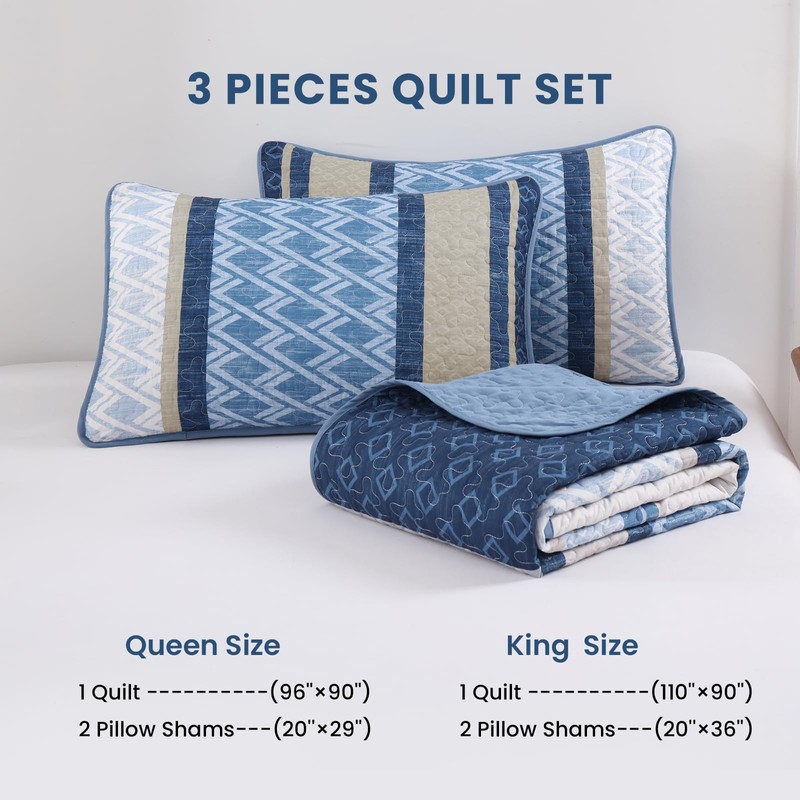 Dinjoy King Size Quilt Set Boho, Soft Striped Bedspreads Blue