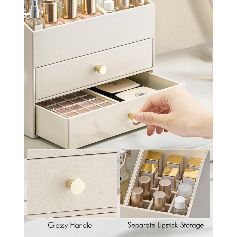 VLANDO 3-Layer Makeup Organizer with 2 Large Drawers for Vanity,Beige