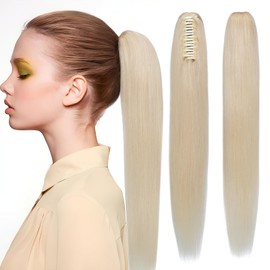Elailite Human Hair Ponytail Extension Real Hair Claw on Natural HairPiece Straight (#60 Platinum Blonde, 14 Inch)
