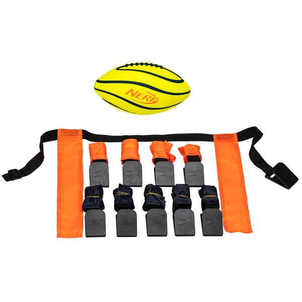 NERF 10 Player Flag Football Belts + Football Set - Youth Flag Football Belts + Junior Foam Football for Kids - Full Flag Football Kit for 5 v 5 Games - Includes (10) Flag Sets + 1 Foam Football