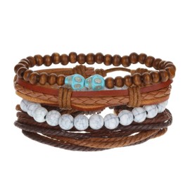 Stands Out, Supplying Outstanding Gifts Unisex Mens Womens Whirlybird Stacker Brown Turquoise Beaded Skull Leather Bracelet Wide Multi Row Layer Stack Wristband