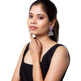 Bodha Traditional Indian Silver Antique Oxidised Traditional Ethnic Jhumka With CZ & Pearls Earrings for Women (SJ_1894_P)