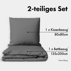 JACOBSON Bed Linen 135 x 200 cm Set - 100% Cotton Duvet Cover 135 x 200 cm + 1 Pillowcase 80 x 80 cm, Percale Bed Linen 2-Piece with Zip (135 x 200 cm, Anthracite, 2-Piece)