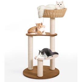 Lucky Monet Modern Cat Tree Tower for Indoor Cats, 35 Inch Cute Cat Tower with 1 Handwoven Cat Basket Beds/Plush Ball, Unique Rattan Wicker Cat Tree Cat Scratching Post for Cats Kittens