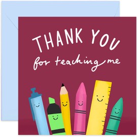 Old English Co. Thank You Teacher Crayons Card - Funny Cute Stationery Cartoon Card | For Teachers Assistant, Nursery Worker, Nanny | Blank Inside & Envelope Included