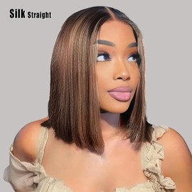 【UPGRADED】Nadula Yaki/Silk Straight Bob Lace Wig With Drawstring 180% Density 100% Human Hair Glueless for Beginners Springtok:_7x5 Silk Str. Mocha Brown Highlight_12【Free Gifts】