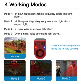 QXMH Solar Outdoor Motion Sensor Alarm Dog Barking & Shot Sound, 130 dB Motion Sensor Alarm Light with Remote Control, 13 Types of Sound Red & Blue Strobe Light with USB