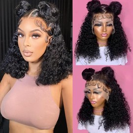 Ablvari 13x6 Bob Wig Deep Wave Lace Front Wigs Human Hair 13x6 HD Lace Frontal Wigs Human Hair Wigs for Black Women Glueless Wigs Human Hair Pre Plucked with Baby Hair Natural Color 14 Inch