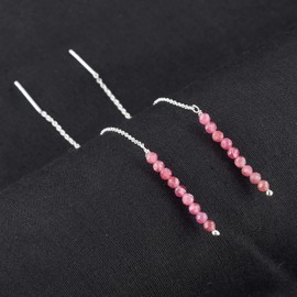 YANARA Pink Tourmaline Threader Earrings Dainty Pair Natural Beads, Birthstone Crystal Gifts for Women, Chakra Energy Crystals Jewelry in Silver Plated Chain Minimalist Gemstone Earrings