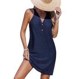 CUPSHE Women's Sleeveless Swimsuit Coverup Eyelet Knit Swimwear Beach Cover Ups Tank Mini Dress Navy, S
