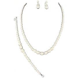 Fashion Jewelry ~ Imitation Faux Pearls Rhinestones Necklace Bracelet and Earrings Jewelry Set for Women (White)